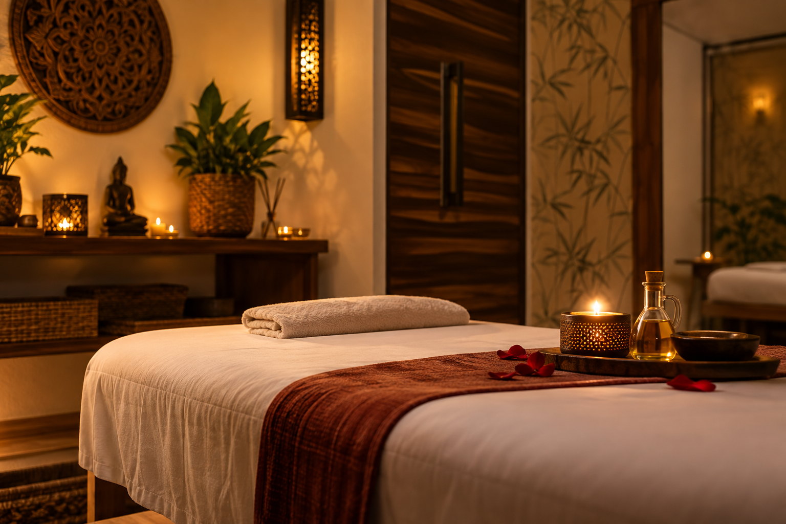 Cama preparada com pétalas, velas e óleos