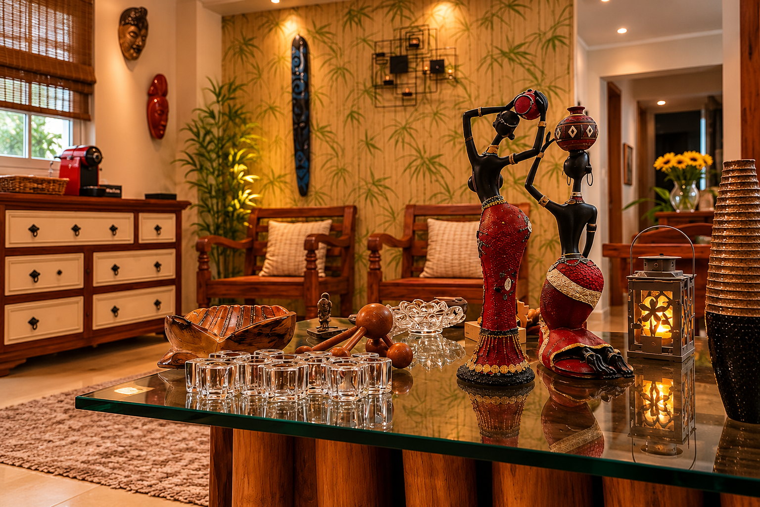 Sala de estar com objetos artesanais e velas