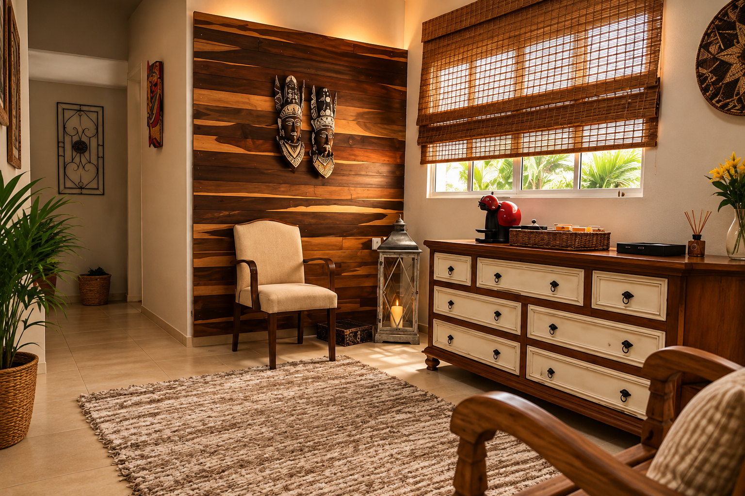Sala com poltrona, cômoda e painel de madeira