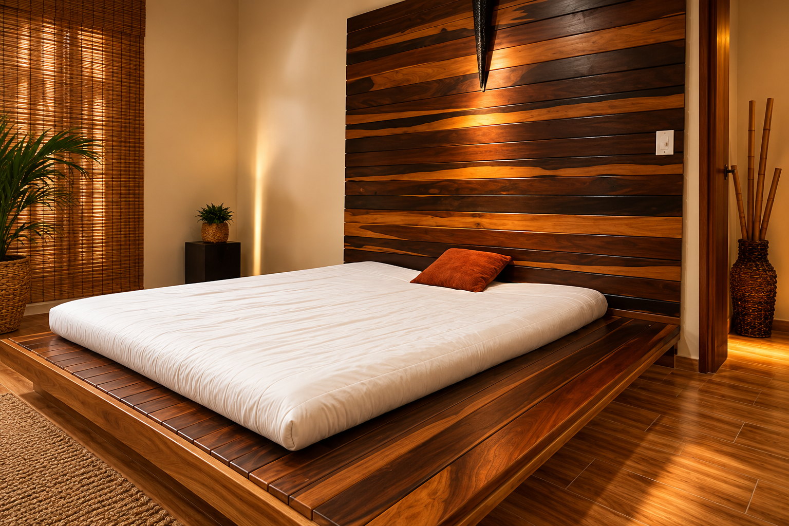 Suíte com futon, painel de madeira e plantas