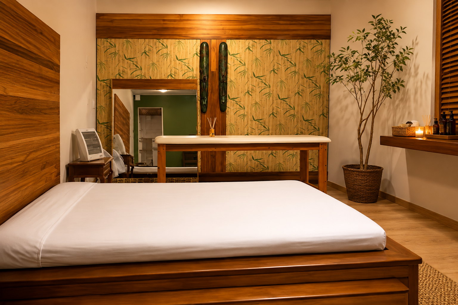 Sala de atendimento com futon, madeira e plantas