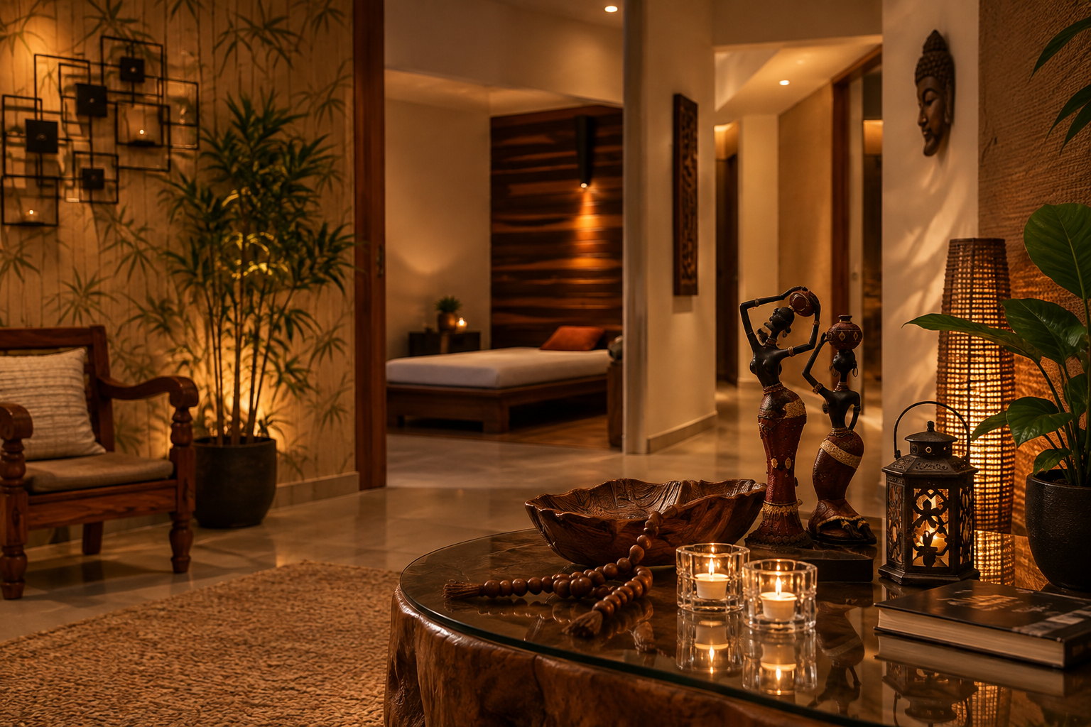 Recepção do Espaço Savanna com velas e objetos de madeira